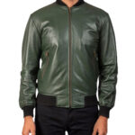 Mens Casual Green Bomber Leather Jacket