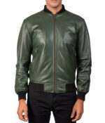 Mens Casual Green Bomber Leather Jacket