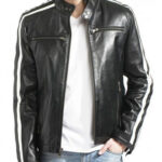 Mens Biker Black Leather Jacket With White Stripes