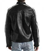 Mens Biker Black Leather Jacket With White Stripes - Image 2