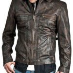 Mens Brown Zip-Up Shirt Collar Distressed Jacket