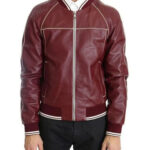 Mens Maroon Stitched Bomber Leather Jacket