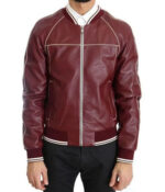 Mens Maroon Stitched Bomber Leather Jacket