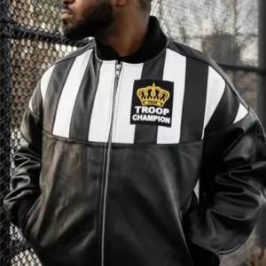 Men's Troop Champion Leather Jacket Black White Retro Hip Hop Bomber CoatView Sold History