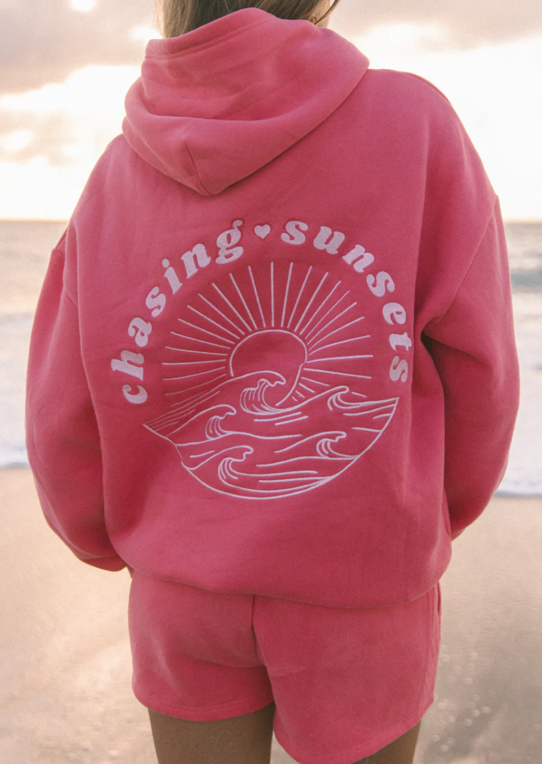 Pink-Palm-Puff-Chasing-Sunsets-Oversized-Hibiscus-Hoodie