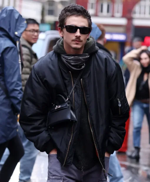 Prince-Charles-Cinema-Timothee-Chalamet-Black-Bomber-Jacket-Front-