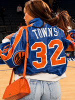 Recreated – 2026 Playoff Game Jordyn Woods New York Towns 32 Knicks Blue Leather Jacket