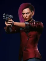 Cyberpunk-Female-V-Blazer-–-Crimson-Red-Leather-Blazer-Close-Up-Vierw