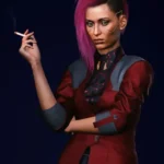 Cyberpunk-Female-V-Blazer-–-Crimson-Red-Leather-Blazer-Look