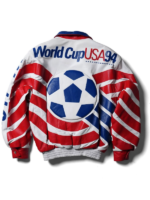 Recreated – FIFA World Cup 2026 Jeff Hamilton 94 Red Blue Soccer Graphics Typography Leather Bomber Jacket