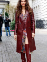 Zendaya-Burgundy-Leather-Trench-Coat-Front-Look