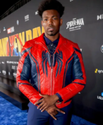 Dominique-Barrett-Red-and-Blue-Leather-Jacket-with-erect-collar-and-YKK-zipper-closure