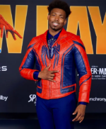 Dominique-Barrett-Spider-Man-Brand-New-Day-2026-Premiere-Red-and-Blue-Leather-Jacket-front-view