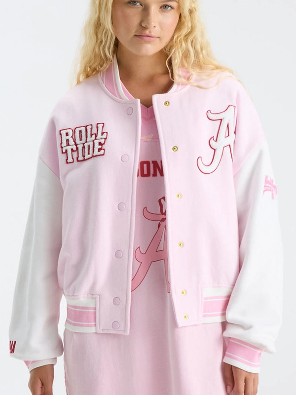 LoveShackFancy-x-Fanatics-University-of-Alabama-Pink-White-Varsity-Jacket