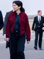 Jessica-Henwick-Silo-2026-Red-Suede-Jacket