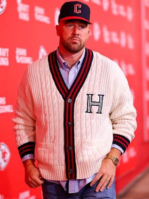 Travis-Kelce-Cable-Knit-Beige-Striped-Trim-Letterman-Cardigan-510x680 Travis-Kelce-Cable-Knit-Beige-Striped-Trim-Letterman-Cardigan-510x680