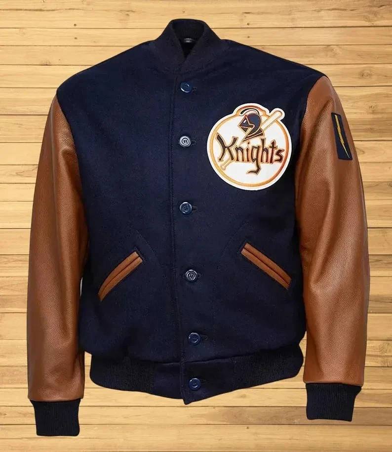 Mens Knights Navy Wool Brown Leather Jacket - Image 1